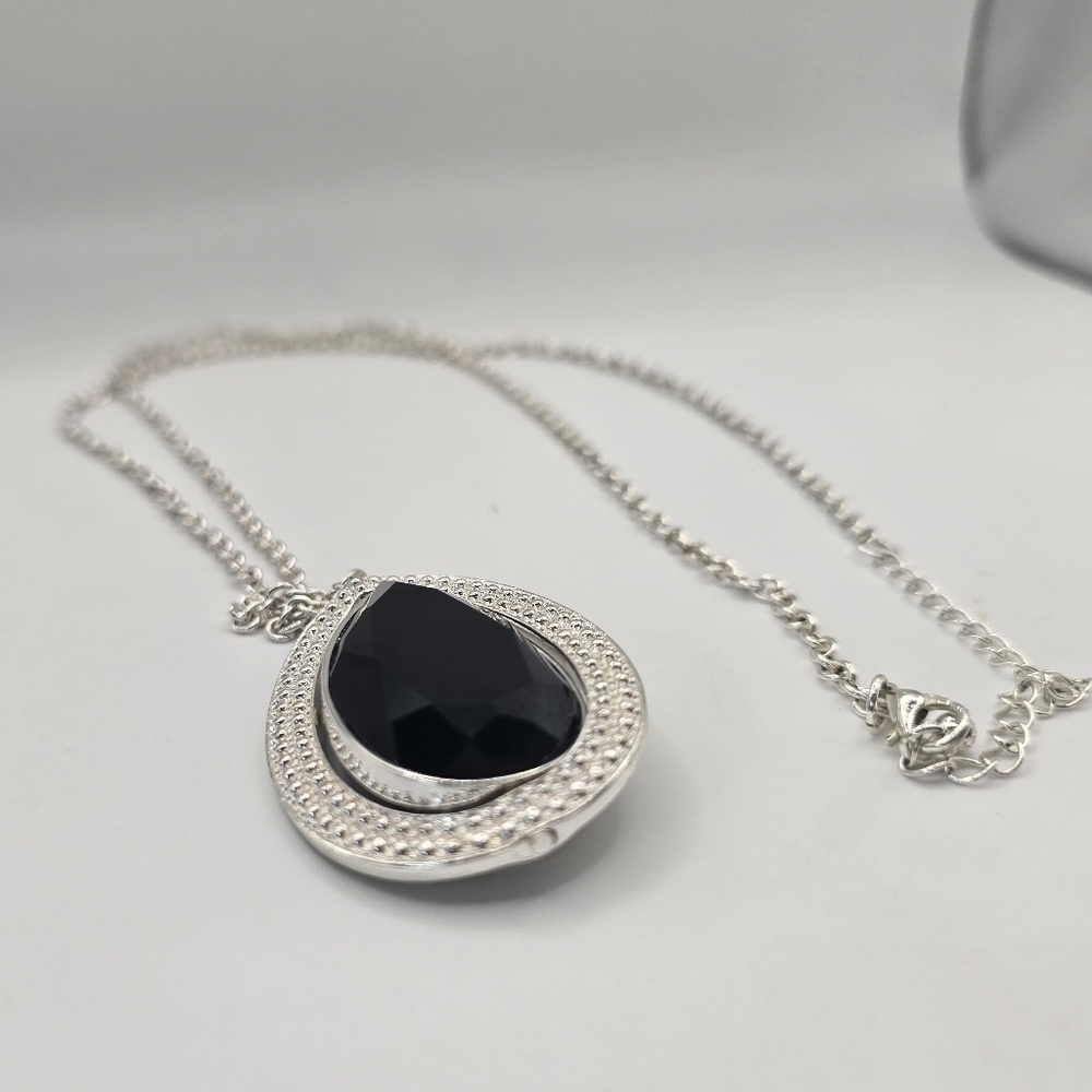 Silver Tone Faux Black Onyx Faceted Teardrop Stone Necklace Long 40” - Picture 3 of 5
